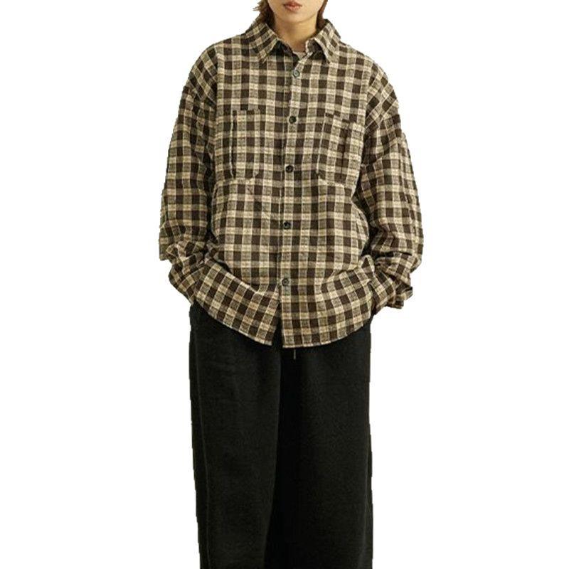 Unisex Japanese Retro Plaid Long Sleeve Shirt - Casual, High-End, Versatile, and Loose Fit