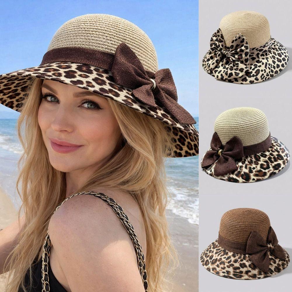 Fashion Leopard Print Bow Straw Hat Wide Brim Lightweight Women's Sun Hat Breathable Korean Style Fisherman's Hat Summer Outdoor