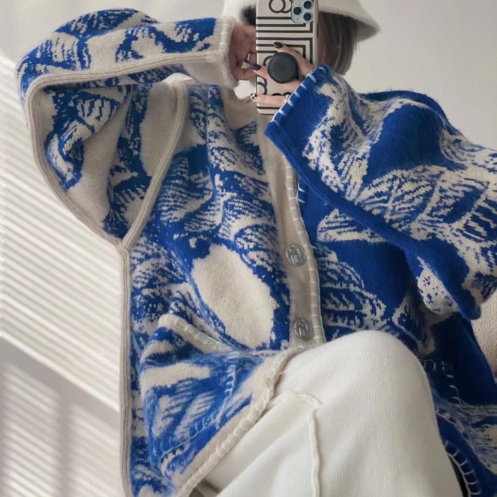 Vintage Knitted Oversized French Lazy Style Sweater Coat for Women