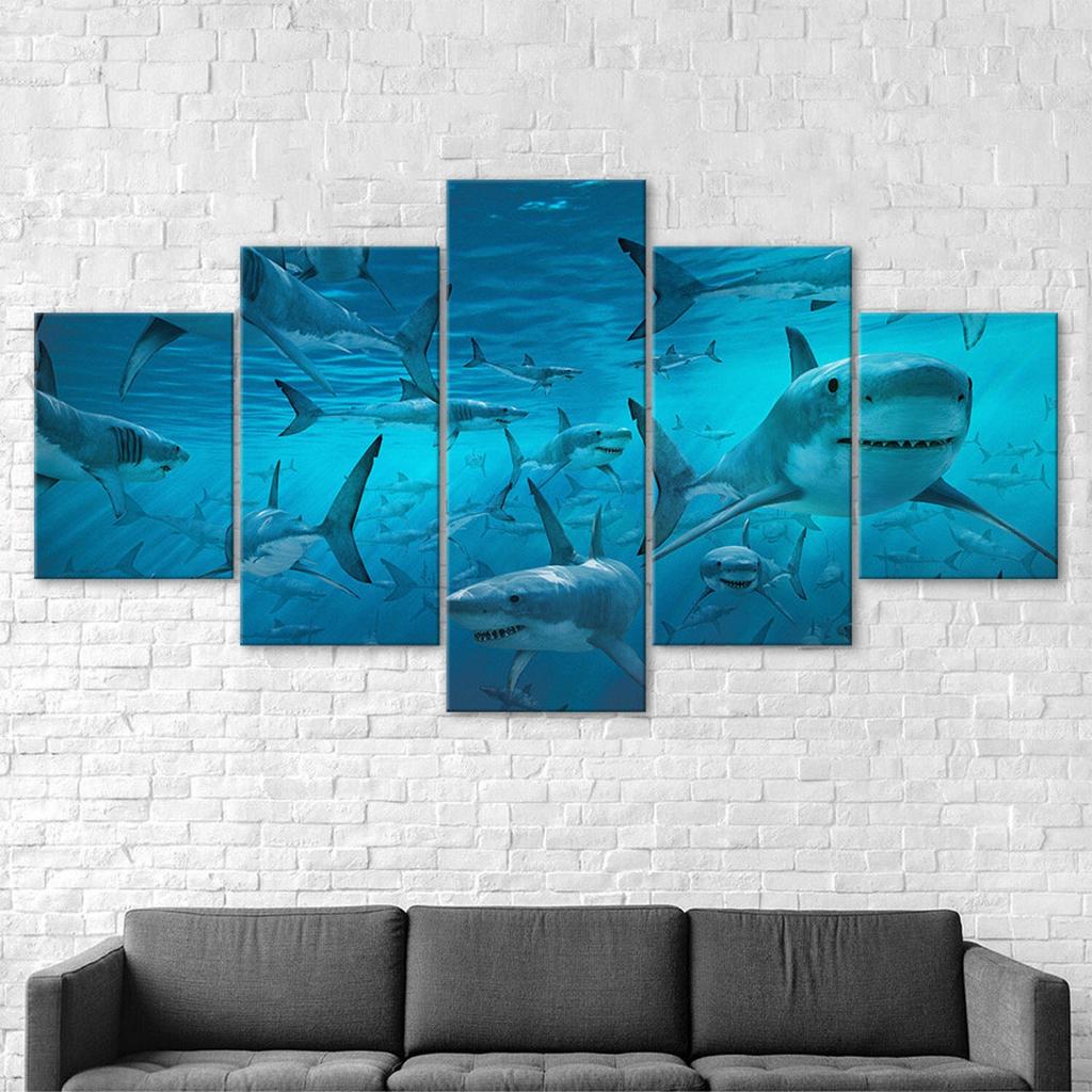 Group Of Sharks Deep Blue Sea 5 Piece Five Panel Wall Canvas Print Modern Art Poster Picture Home Decor Gift For Him For Her