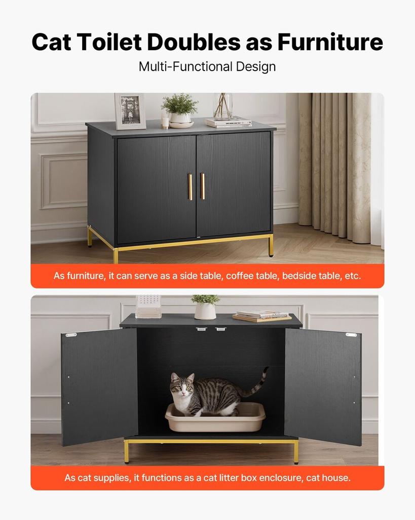 Cat Litter Box Enclosure Furniture, 70 cm Hidden Litter Box Cabinet with Metal Legs & Handle, Modern Style Cat Washroom House End Table, Fit Most of