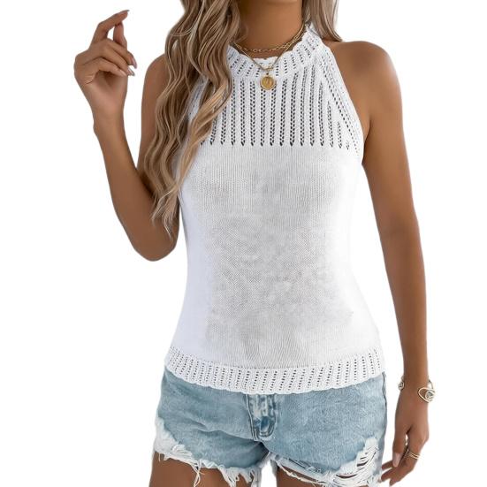 Women Tops Slim Fit Solid Color Summer Blouse Round Neck Sleeveless Hollow Design Soft Stretchy Knitting Tops Casual Wear