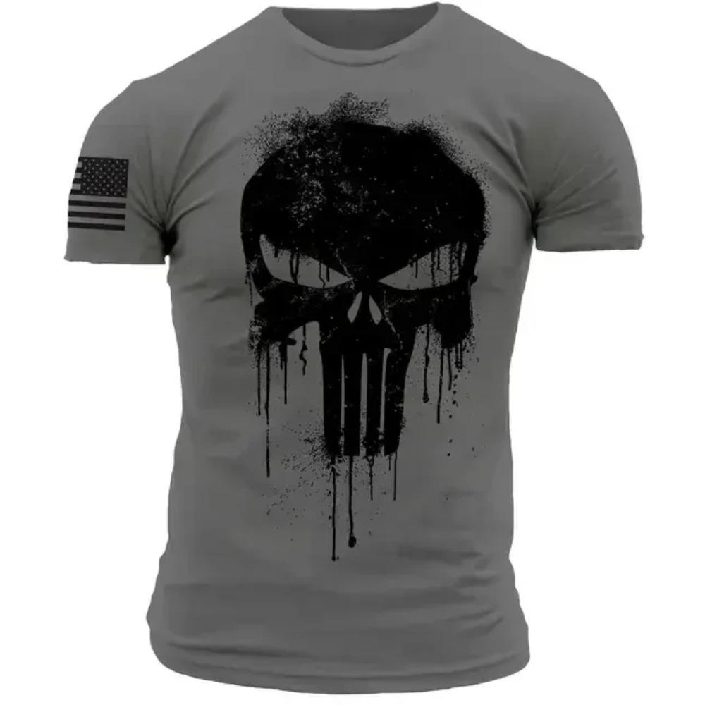 Summer Vintage Men's T Shirt Militar Skull Print Tees Casual Short Sleeve Pullover Oversized Man Clothing Outdoor O Neck T-Shirt