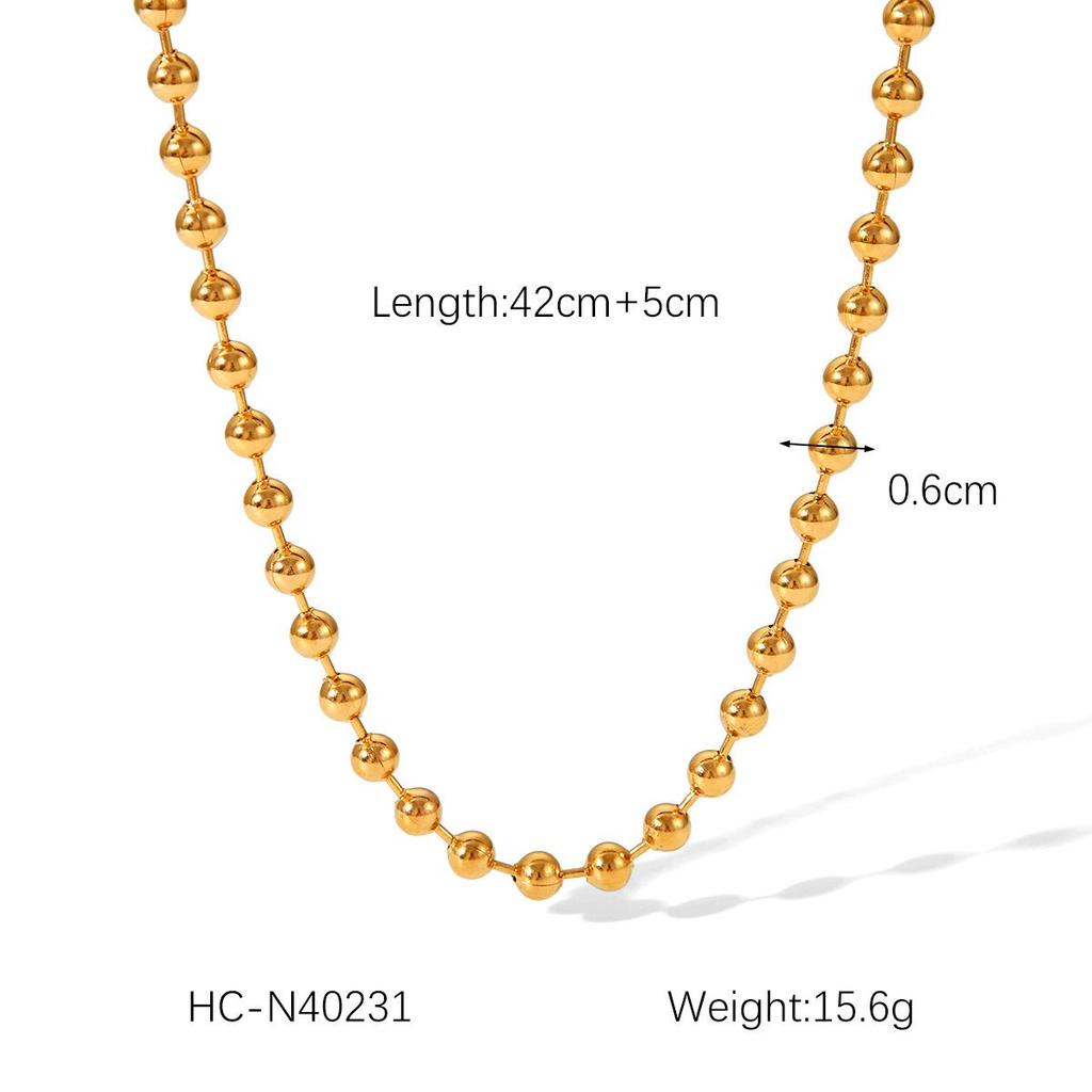 18K Gold Heart Pendant Necklace with Round Bead Chain in Titanium Steel – European & American Classic Style for Women