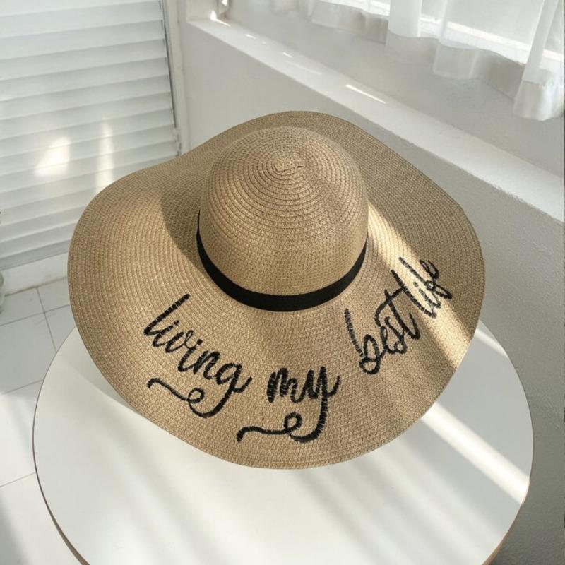 Versatile straw hat women's large brim floppy disk hat summer beach vacation wind letter sunshade sun protection hat