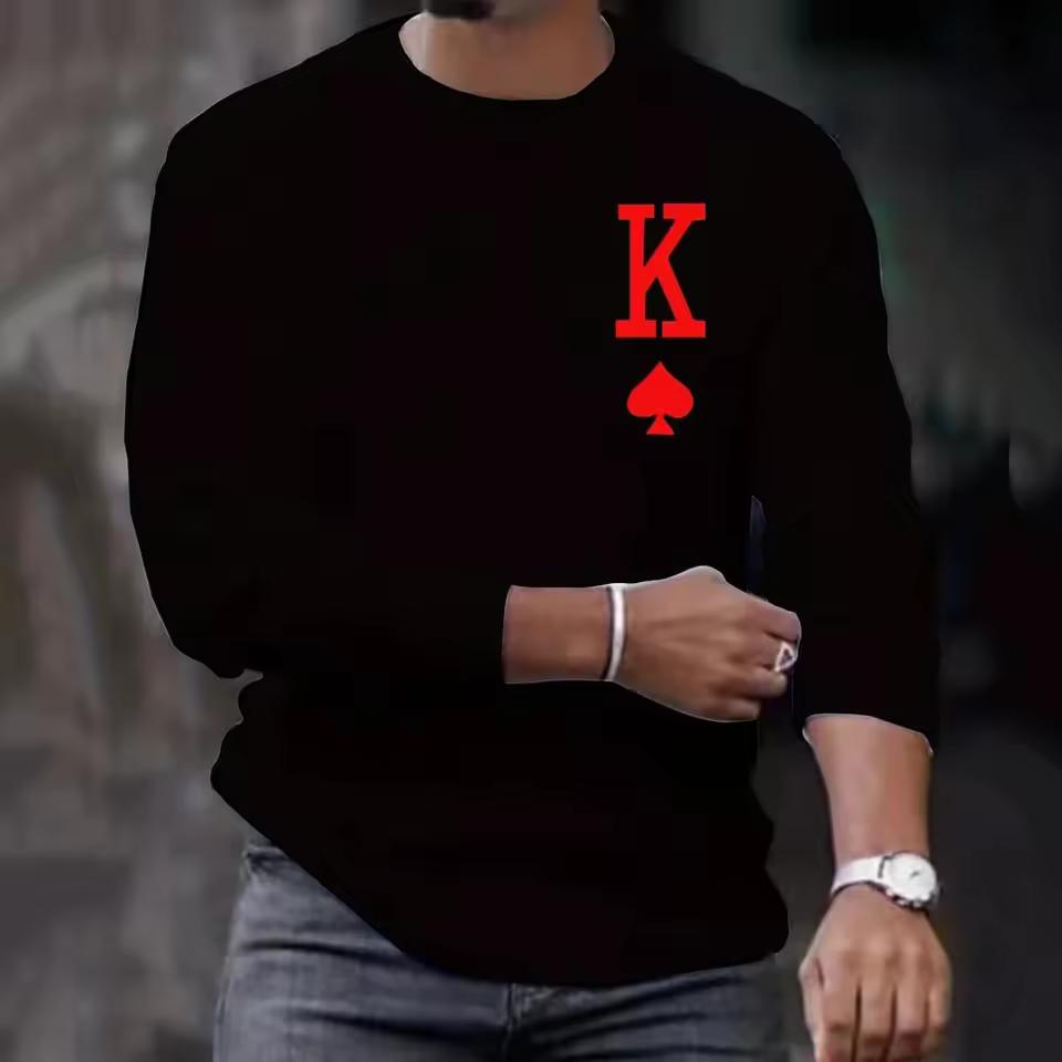 Fashion Men's Long Sleeve T-shirts Poker Printed Loose O-neck Tops Oversized Daily T Shirt For Men