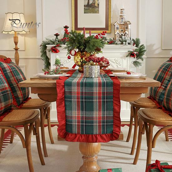 Elegant Ruffled Table Decor Retro Plaid Christmas Runner, Red Trim Decorative Mat, Classic Party Decoration & Green Holiday Mat for Dining,