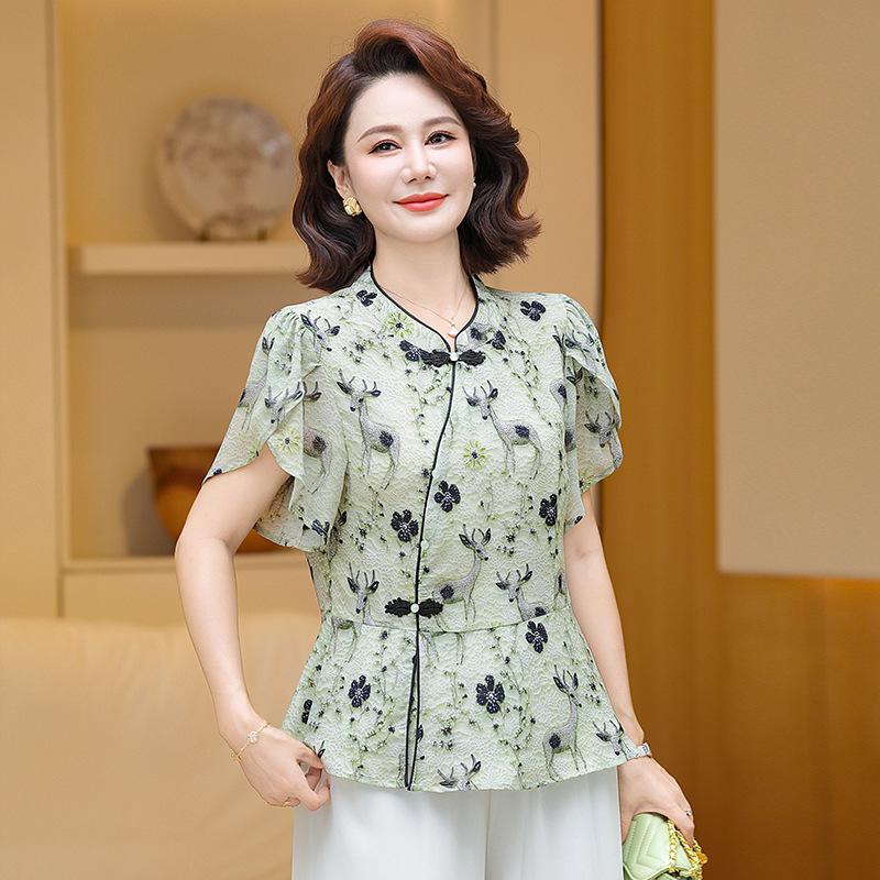 

Chinese National Style Women s Summer Slimming Short-Sleeve Top - Lightweight and Flattering for Middle-Aged and Elderly Moms 2XL (105-120 jin) зелёный