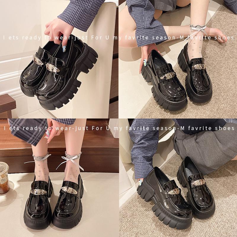 Black retro British style loafer single shoes women's 2025 spring new thick heel thick sole height increase with skirt small leather shoes