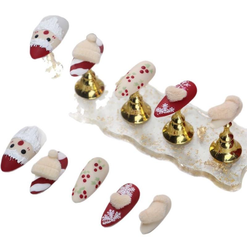 Handmade Matte Finish Press-On Nails With Santa Claus Design Brick Red A1043 Women Winter Holiday Wear