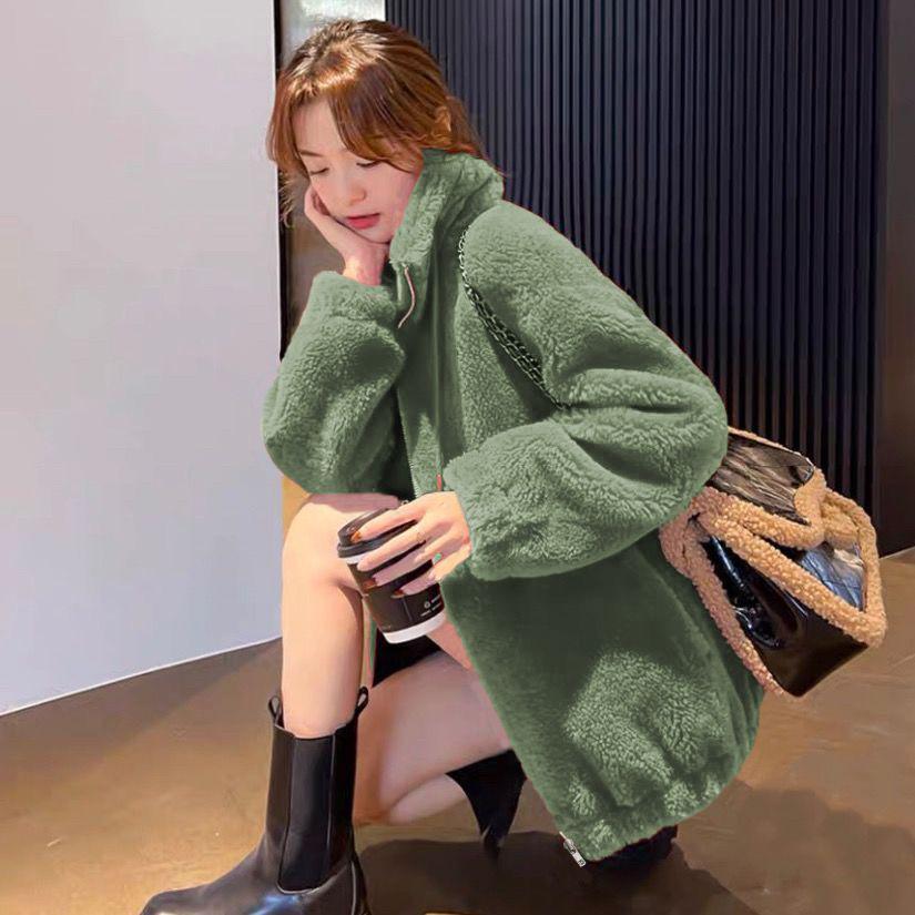 Short Women's Trendy Winter Double-Sided Fleece Stand Collar Hoodie Cardigan Zipper Jacket