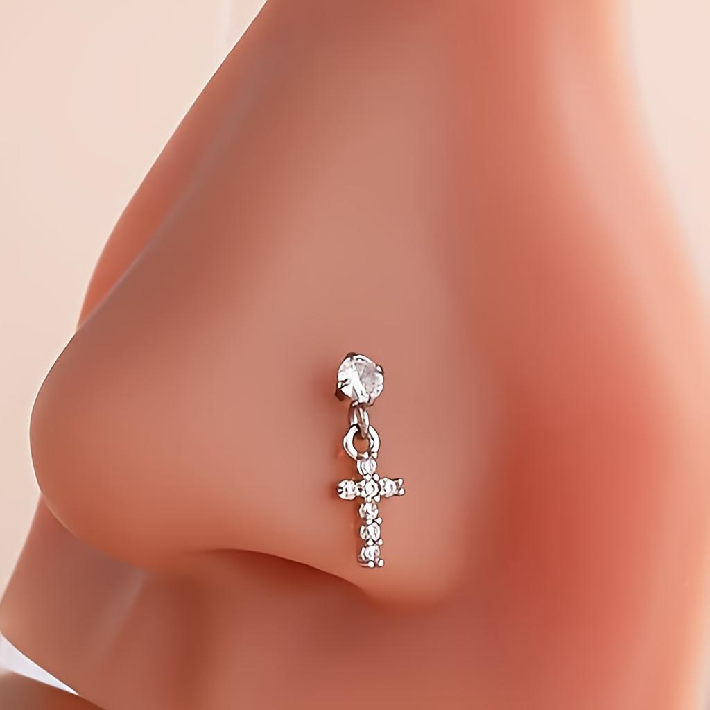 1pc L-Shaped Nose Ring Piercing - Stainless Steel Hypoallergenic 5-Petal Flower Pendant, French Nose Stud for Women