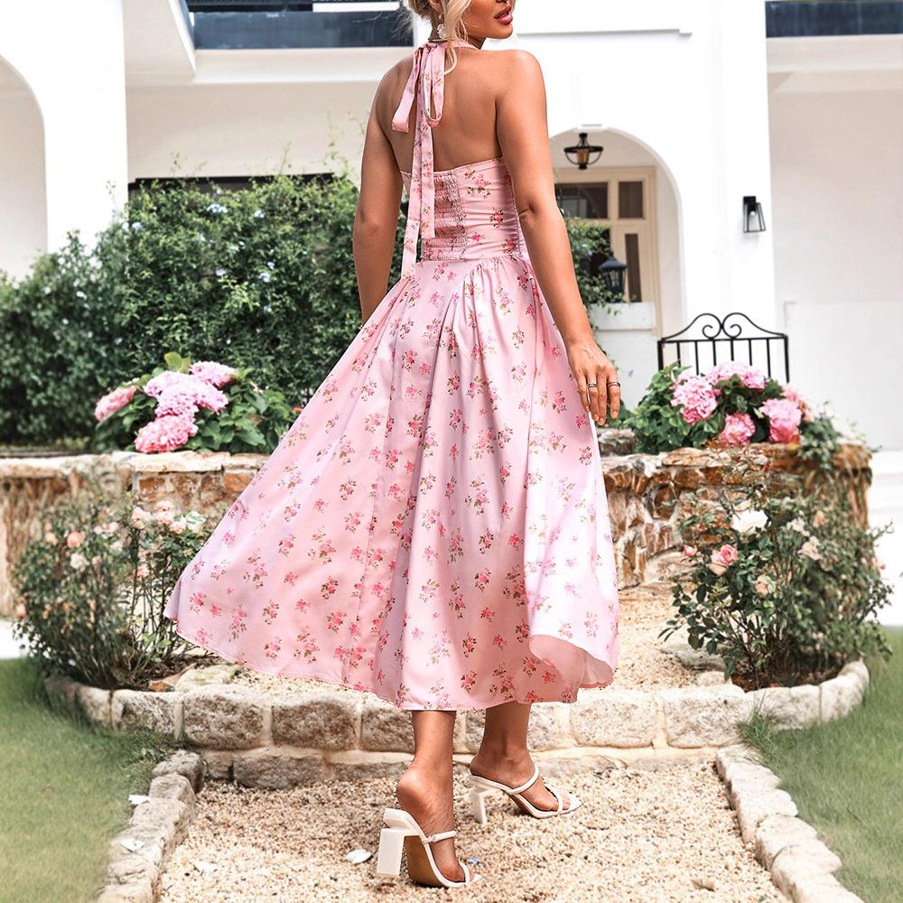 Summer New Four-sided Elastic Printing Neck Dress, European and American Sexy Backless Strap A Word Medium and Long Dress