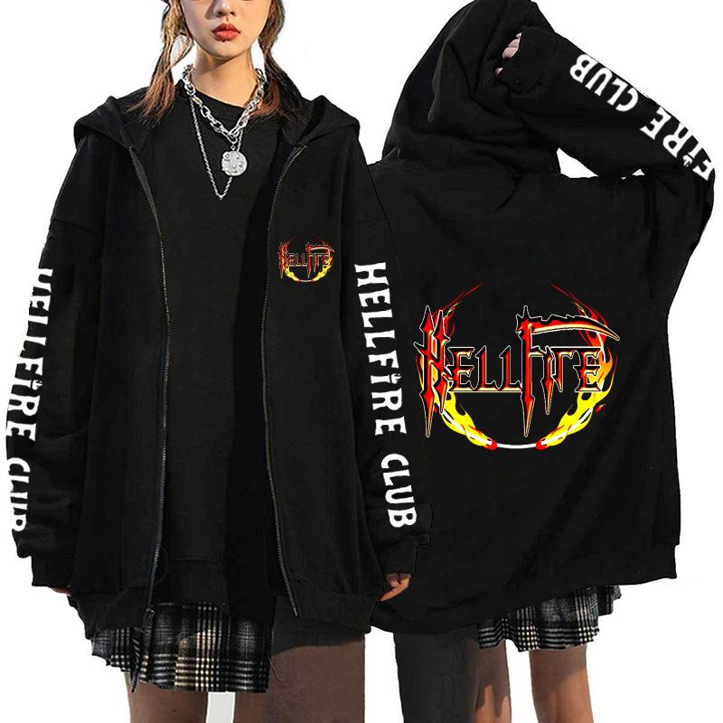 

Fashion Hooded Top Women Men s Hellfire Club Print Zipper Jacket Street Sports Couple Casual Loose Hoodie XS чёрный