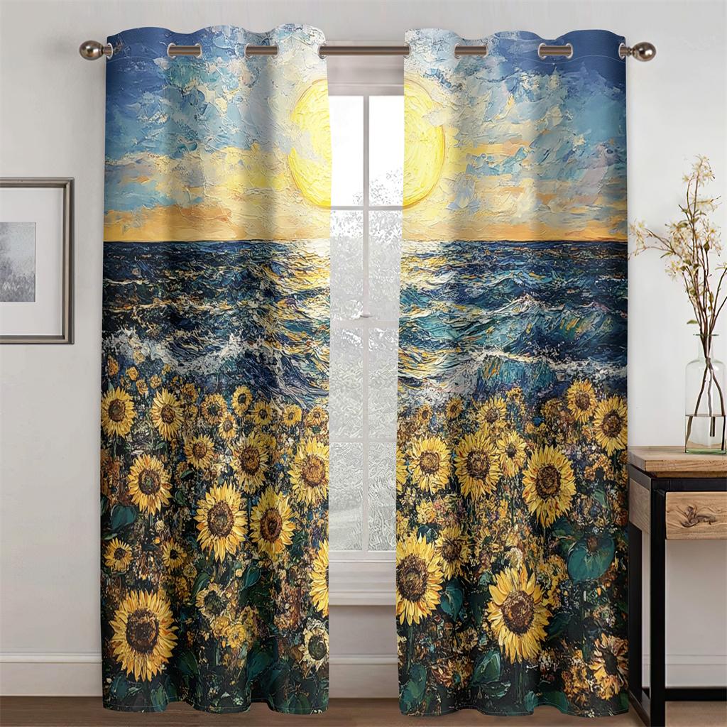 3D Oil Painting Sunflower Ocean Curtains Blue Sky Sunrise Bedroom Living Room Balcony Kitchen Decorative Curtains 2 Panels