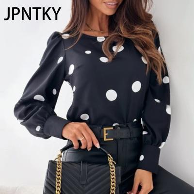 JPNTKY Women's Fashion Casual Autumn Winter Polka Dot Print Long Sleeve O-Neck Blouses & Shirts