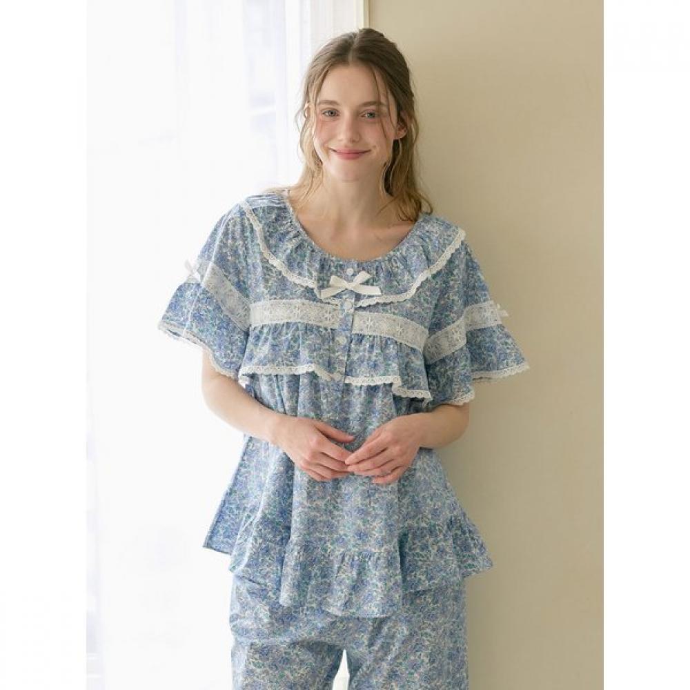 Lunaluz Women Cotton Short Sleeve Round Neck Two Piece Pajamas