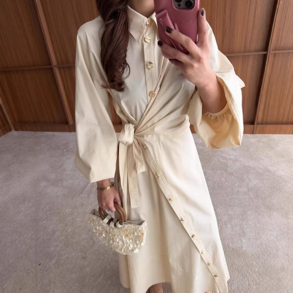 2026 spring and autumn new  American Amazon, women's clothing long-sleeved solid color waist lace-up shirt dress