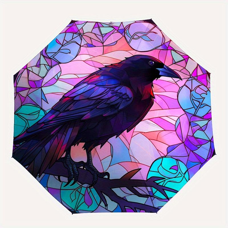 Buntglas Rabe Wandkunst: Lebendige Vogeldekoration für jeden RaumRegenschirm, Tragbarer 3-fach Kompakter Regenschirm, Weihnachtsgeschenk ES608