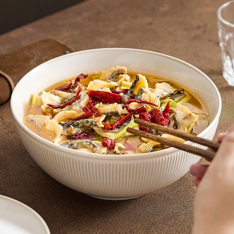 2024 beige boiled sauerkraut fish large basin bowl simple ceramic soup noodle bowl household ricesalad new