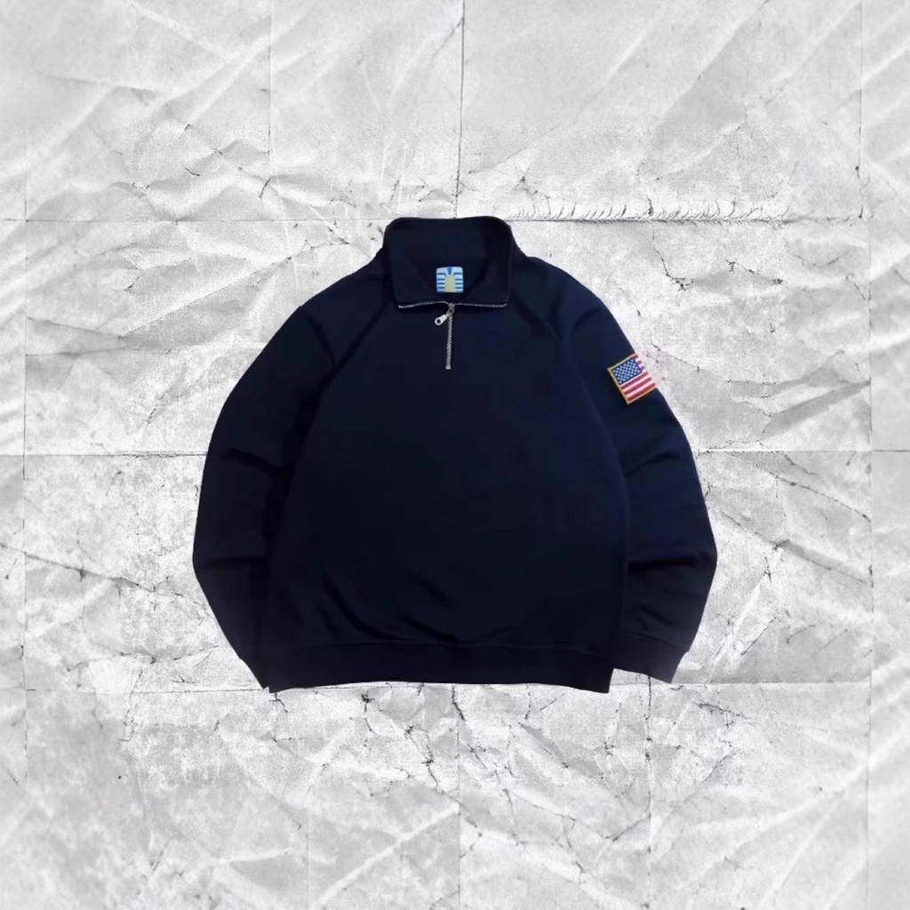 FlowStreet Y2K Tmavě modrá mikina se čtvrtinovým zipem s vyšívanou americkou vlajkou USA, bunda, muži, ženy, Vintage Streetwear, módní trend, top