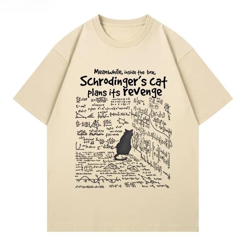 2025 Herbst Winter Neu Trendiges Schrödingers Katze Lustiger Print T-Shirt Baumwolle Locker Kurzärmelig Damen und Herren Modisches Oberteil