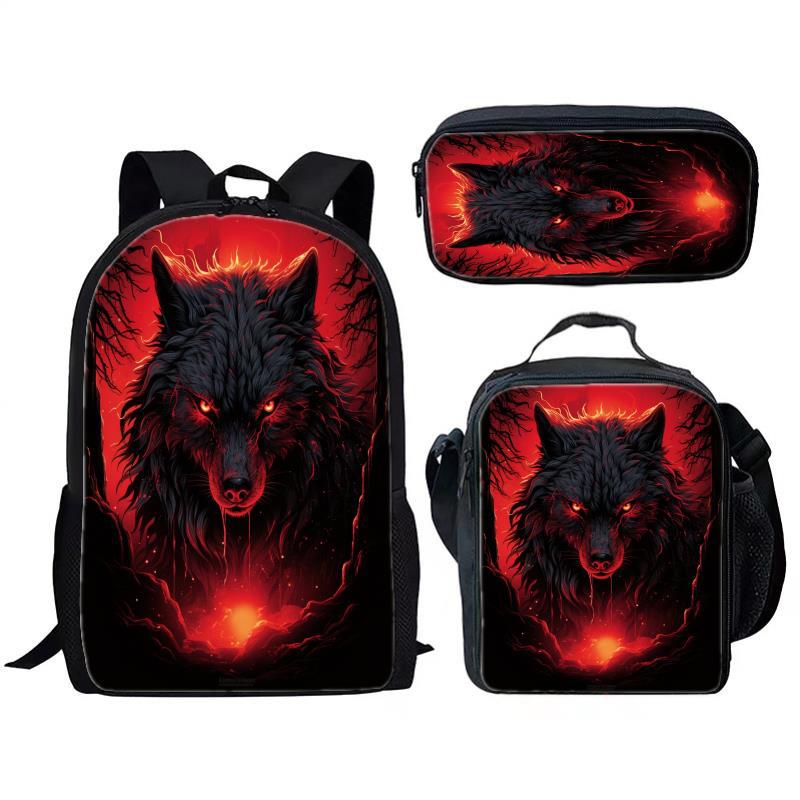 Animal Wolf Three Piece Set for Children and Elementary School Students, Large Capacity Backpack, Meal Pack, Pen Bag