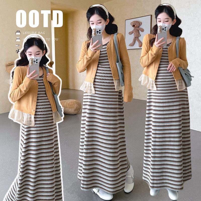 Spring Maternity Striped Knit Camisole Dress & Cardigan Set - Korean Style M