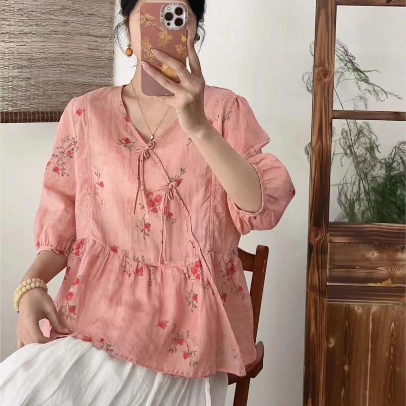 Johnature Spring Print Floral Shirts Women V-Neck Half Sleeve Tops Belt Loose Chinese Style Women Shirts