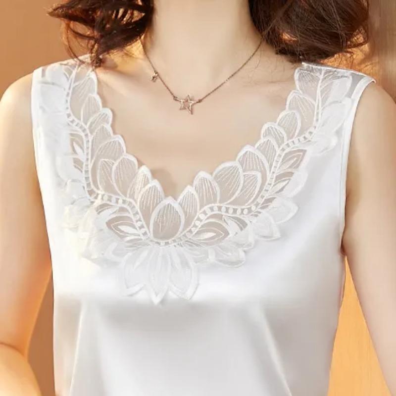 Women's White Satin Camisole Top V Neck Lace Trim Sleeveless Casual Tank Top