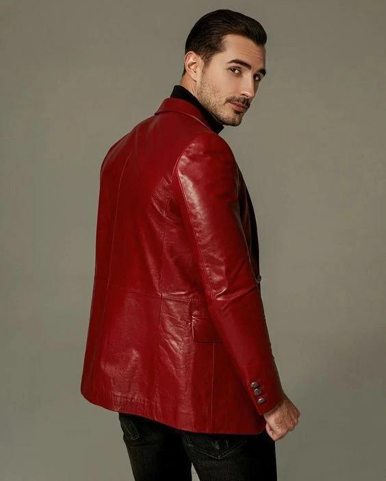 Men Red Leather Blazer Coat Halloween Fashion Stylish SlimFit Real Soft Lambskin