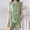 Casual national style red lotus print cotton and silk pajamas set summer thin sleeveless shorts loungewear two-piece set