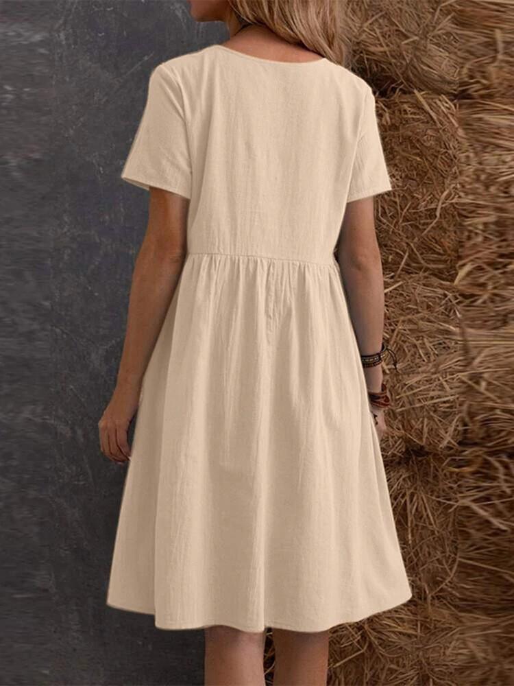 2026 Retro Lockeres Taschen-Einfarbiges Baumwoll-Leinen-Kleid für Damen