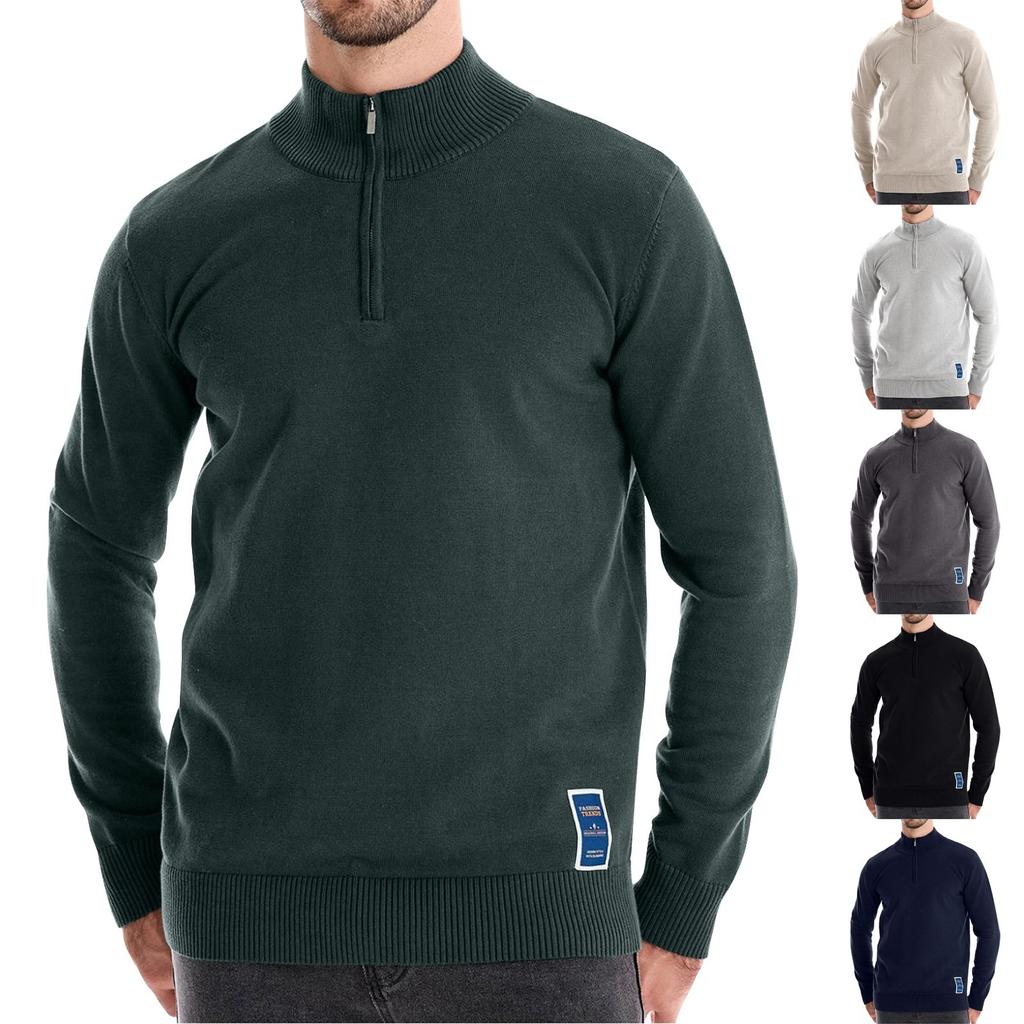 Men's Winter Solid Color Stand Collar Half Zipper Slim Fit Knit Long Sleeve Top