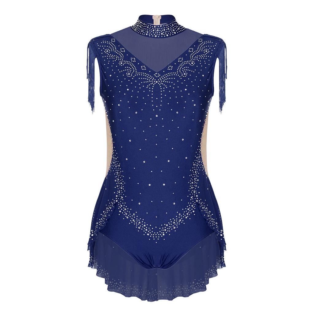 Mädchen Glitzernde Strasssteine Tanz-Body Stehkragen Ärmellos Unsichtbarer Reißverschluss hinten Durchsichtiges Mesh Patchwork Einteiler