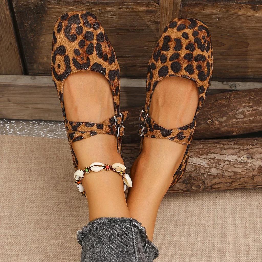 Buckle Strap Mary Jane Ballet Flats Women Shoes Shallow Casual Leopard Print Comfortable Square Toe Flat Shoes for Women Zapatos