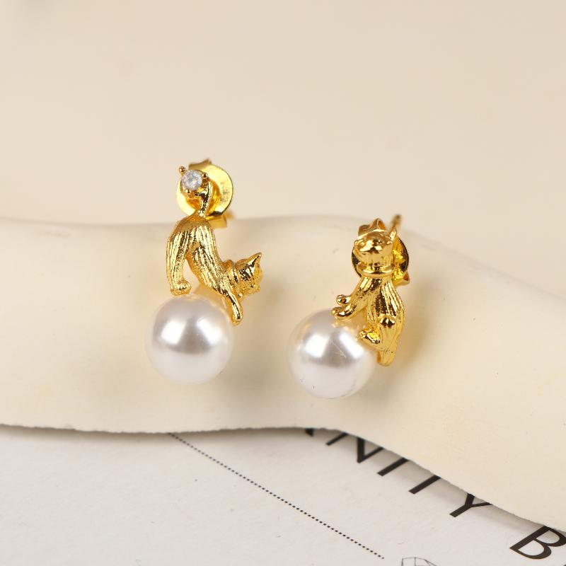 Lustige Katzen-Perlen-Steckohrringe für Damen Tier Haustier Asymmetrische Mädchen-Ohrringe Minimalistischer Kleiner Schmuck Geschenk