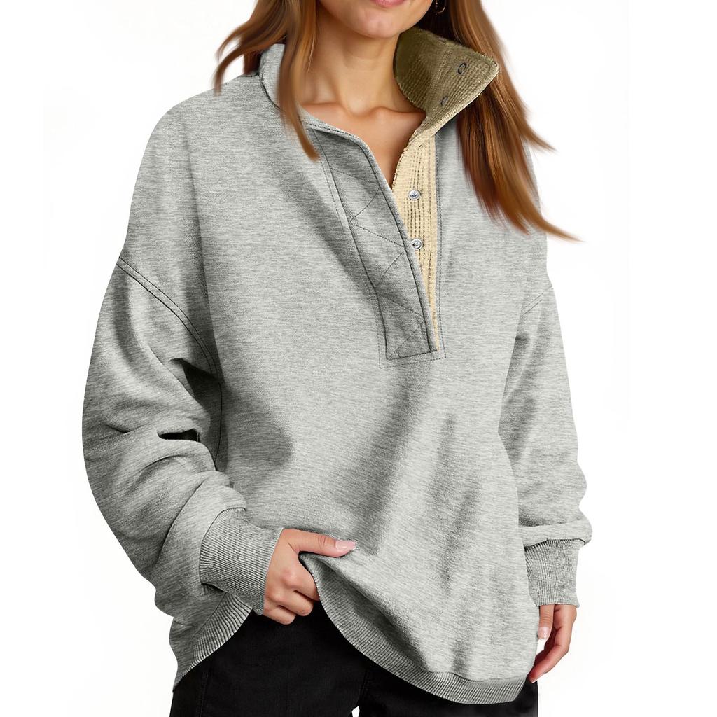 Women's Fashion Long Sleeve Solid Color Pullover Sweatshirt Casual Loose Button Sweatshirt