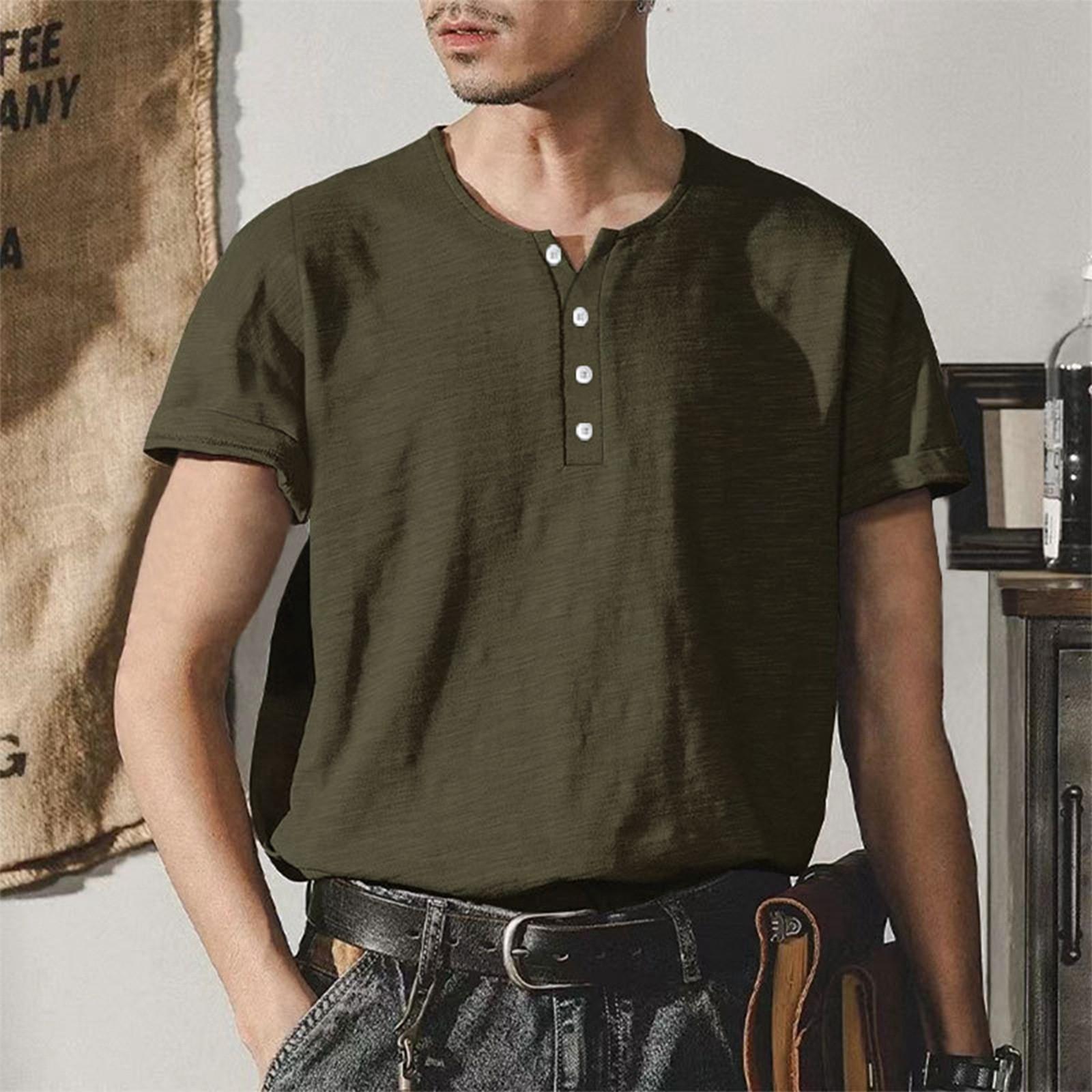 

Мужская повседневная тонкая футболка с короткими рукавами на пуговицах, мужской однотонный модный топ L армия зеленый