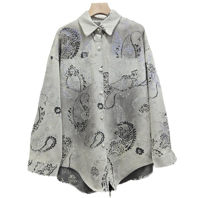 2026 Spring Rhinestone Jacquard Denim Long Sleeve Shirt Jacket - Women's Loose-Fit Mid-Length Top