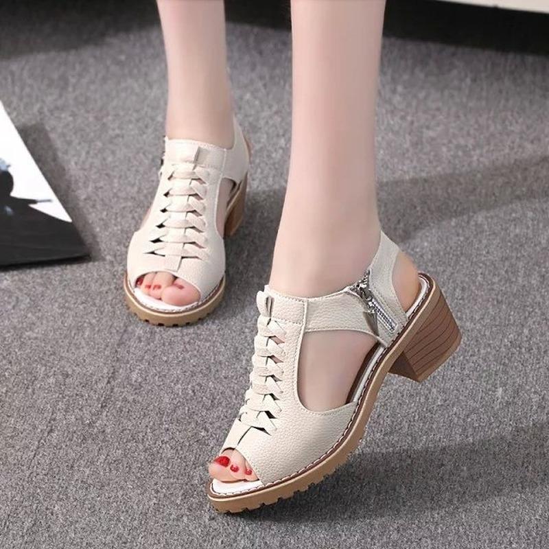 New Summer Women 'S Sandals Square Heel Zipper Gladiator Shoes Open Toe High Heels Women Hollow Breathable Casual Sandals