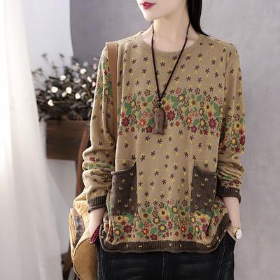 İlkbahar Sonbahar Vintage Stil Patchwork Çiçek Baskılı Örgü Kazaklar Rahat Bol Yuvarlak Yaka Yumuşak Moda Kazak Kadınlar için