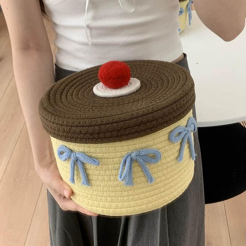 Cotton Knit House-Shaped Storage Basket With Lid Desktop Organizer Jewelry Makeup Cables Books