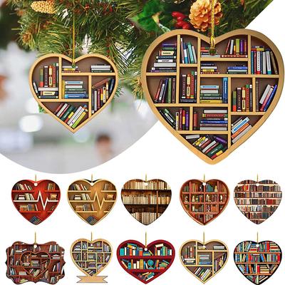 3PCS Book Lovers Heart Shaped Bookshelf Christmas Pendant Acrylic Drop Ornament Door Window Christmas Tree Hanging Decoration