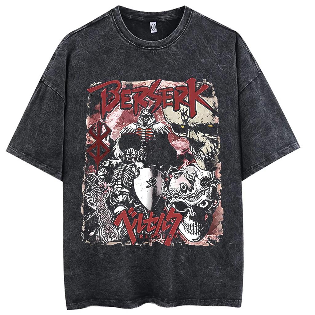 Vendita Calda Anime Berserk Guts Manga Stampa Grafica Maglietta Uomo Donna Retro Lavato Girocollo Cotone Retro Lavato Larga Casual Oversize Top Estivo Nuova T-shirt
