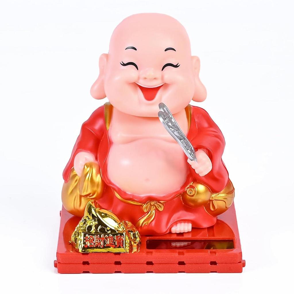 Solarbetriebene Buddha-Mönchsfigur - Feng Shui-Dekor für Reichtum, Wohlstand und Glück mit beweglichem Kopf und Hand (rot)