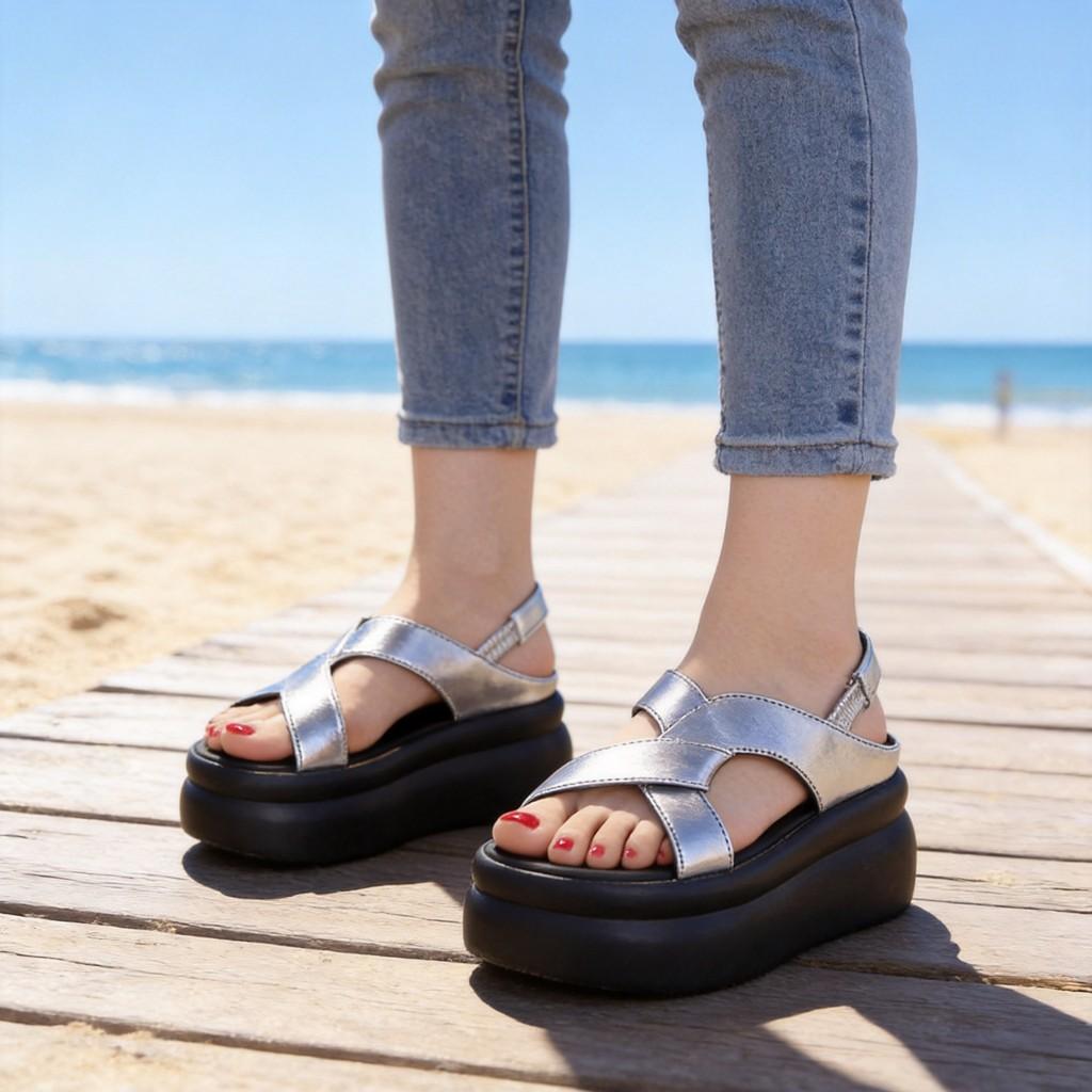Summer Female Platform Sandals With Crossed Pu Upper And Rubber Sole For Beach Casuals