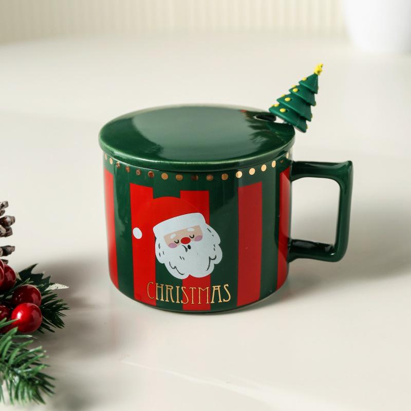 Cute Elk Christmas Ceramic Mug Set with Lid & Spoon - Perfect Holiday Gift