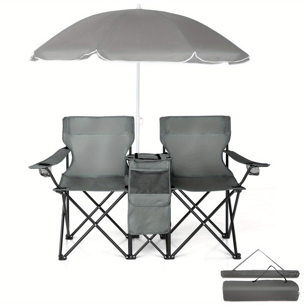 Double Fishing Chair with Umbrella, Oxford Fabric Outdoor Beach Chair, 187.39 lbs Load Capacity for Patio, Beach and Fishing