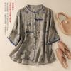 2025 summer new printed cotton and linen shirt women's loose large size round neck five-quarter sleeve thin floral cardigan top